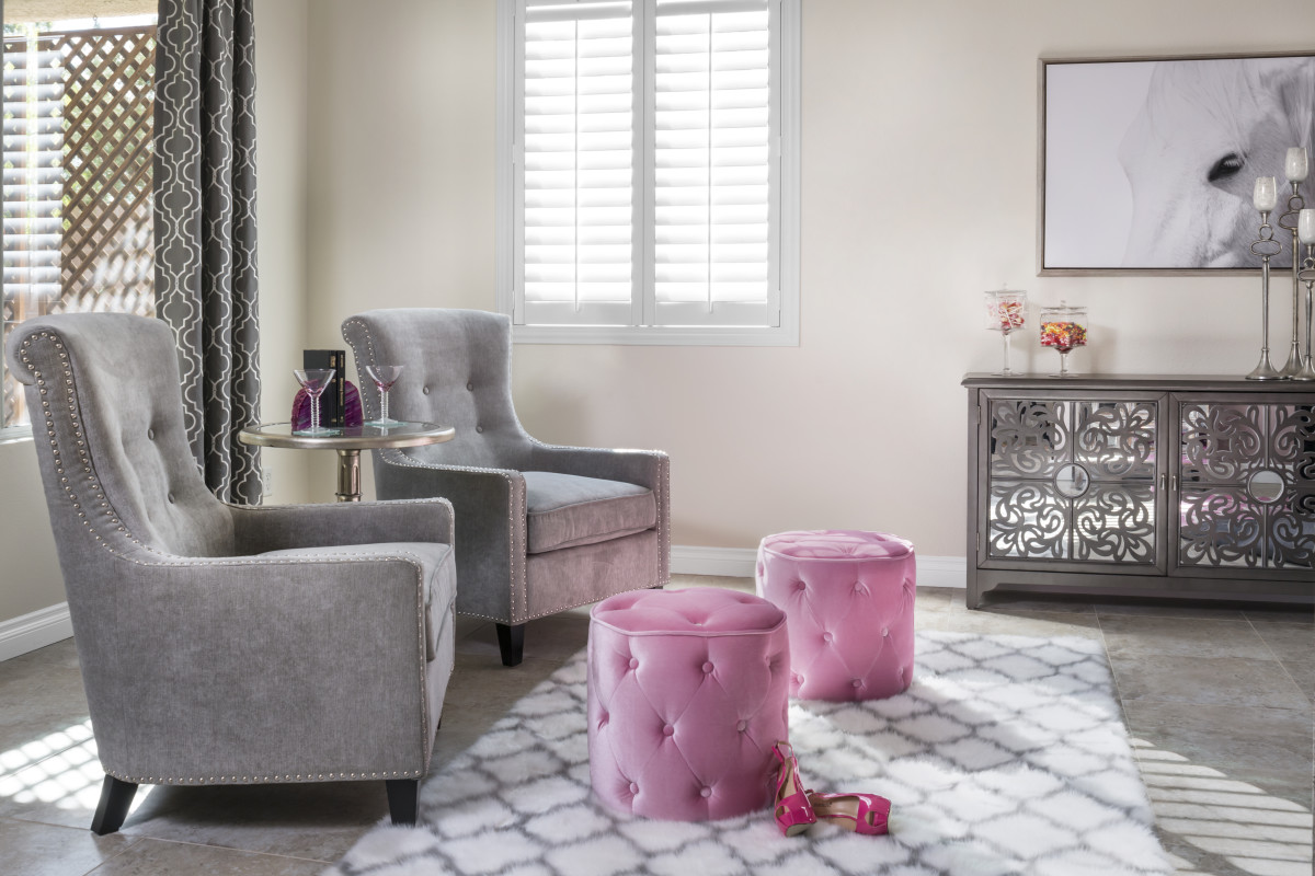 Sacramento pink living room with shutters